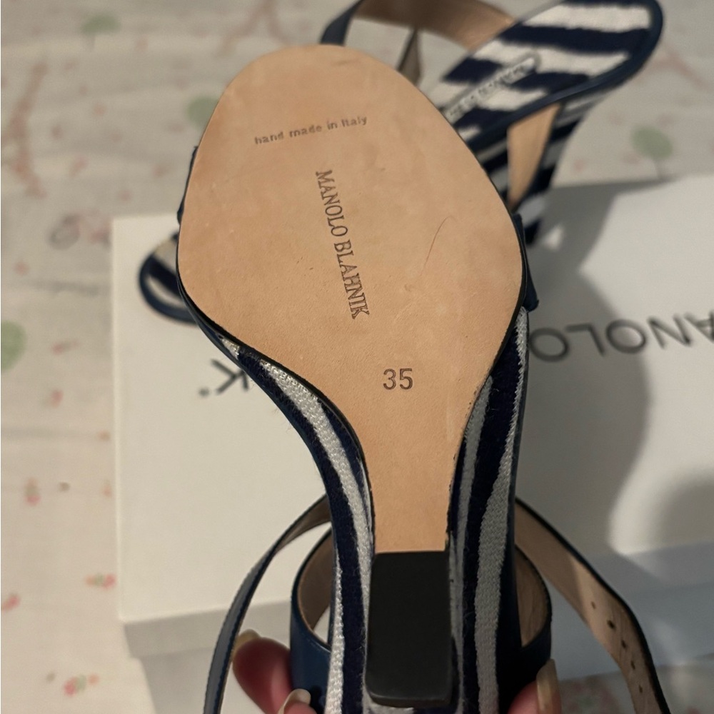 Manolo Blahnik - Navy Strappy Wedge Sandals with Zebra Insole - Picture 3 of 4